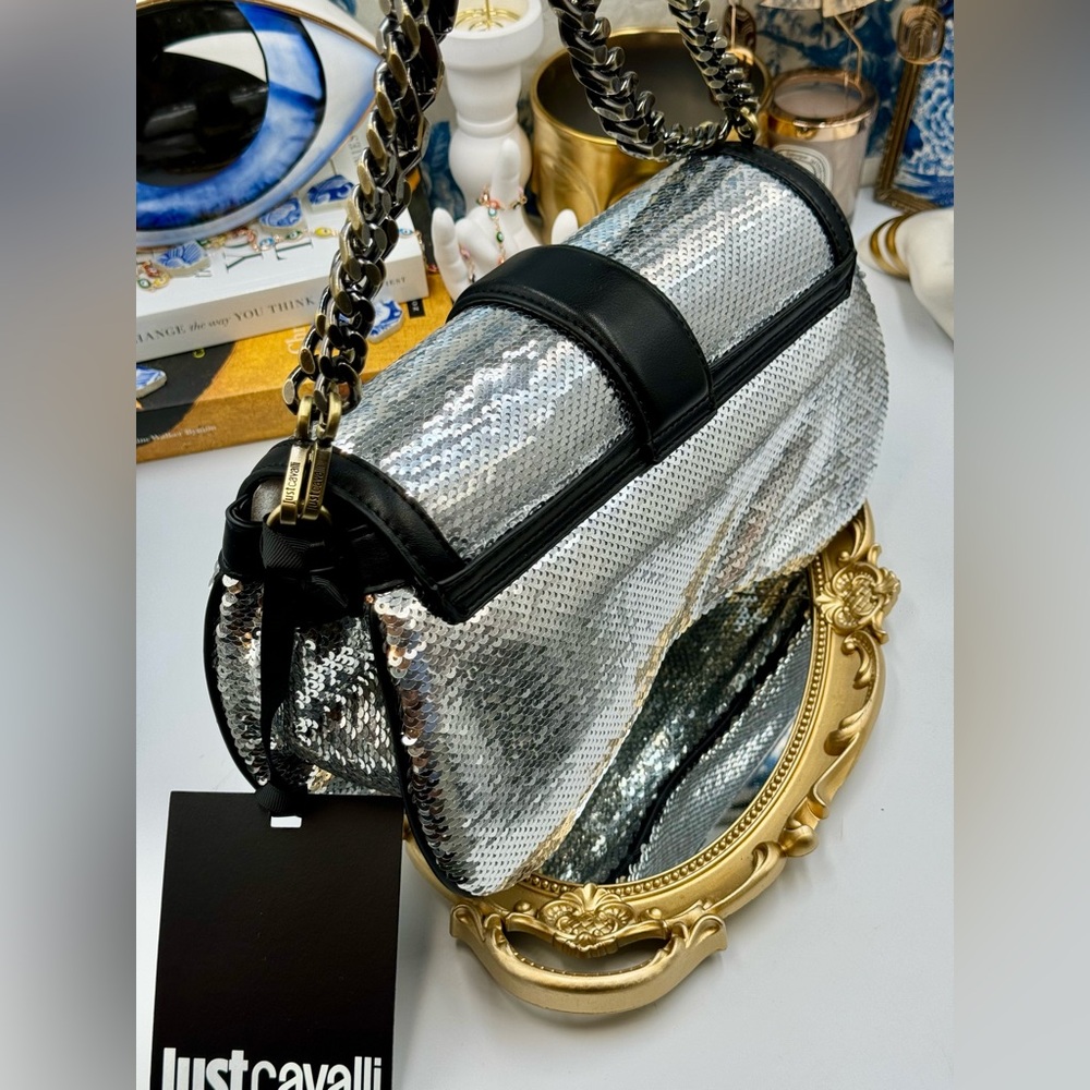 🆕 JUST CAVALLI 🧿 NWT Iconic Snakes Logo-Plaque Sequin Handbag - Picture 7 of 15